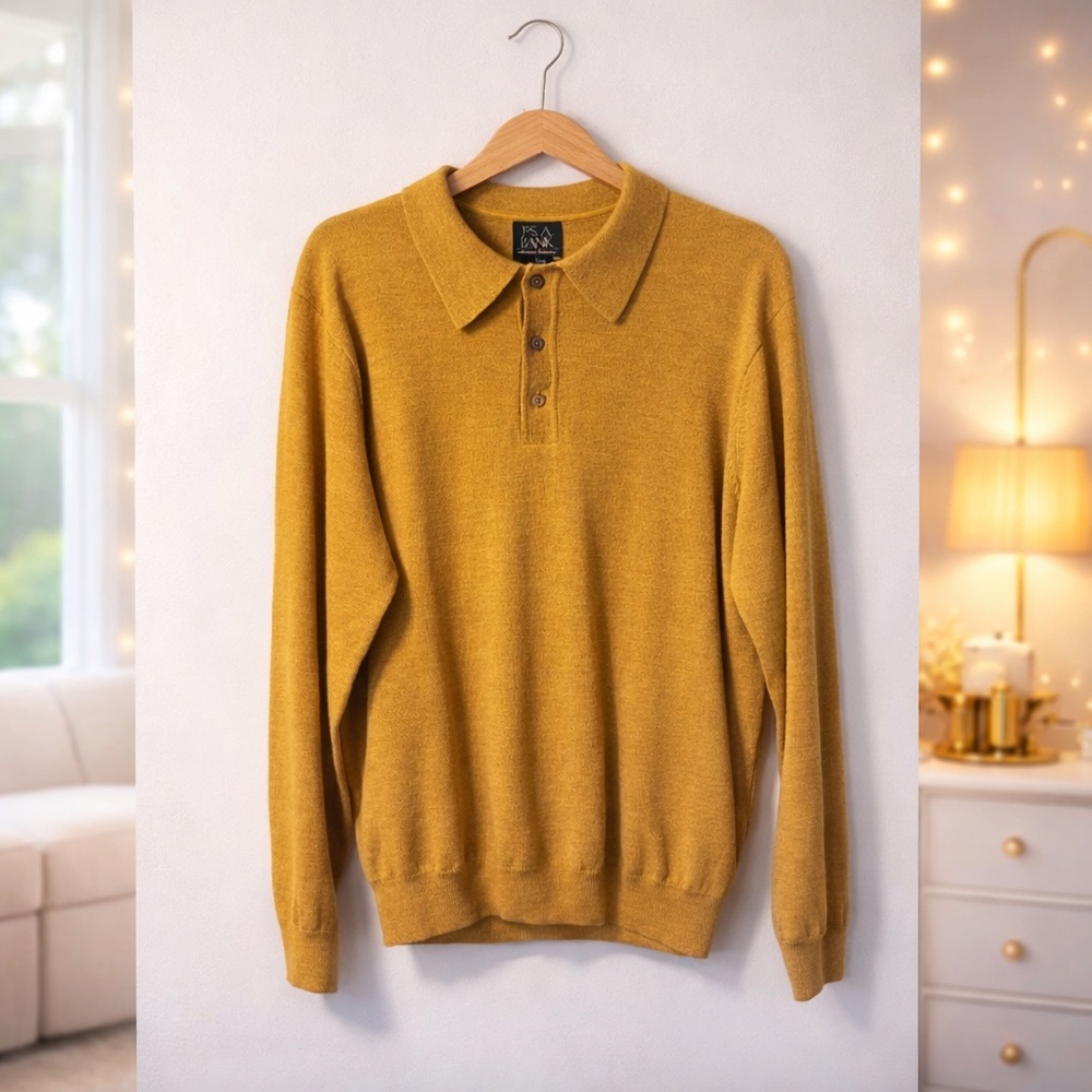 ✨ Jos. A. Bank Fine Merino Wool Mustard Collared Pullover Sweater Size L